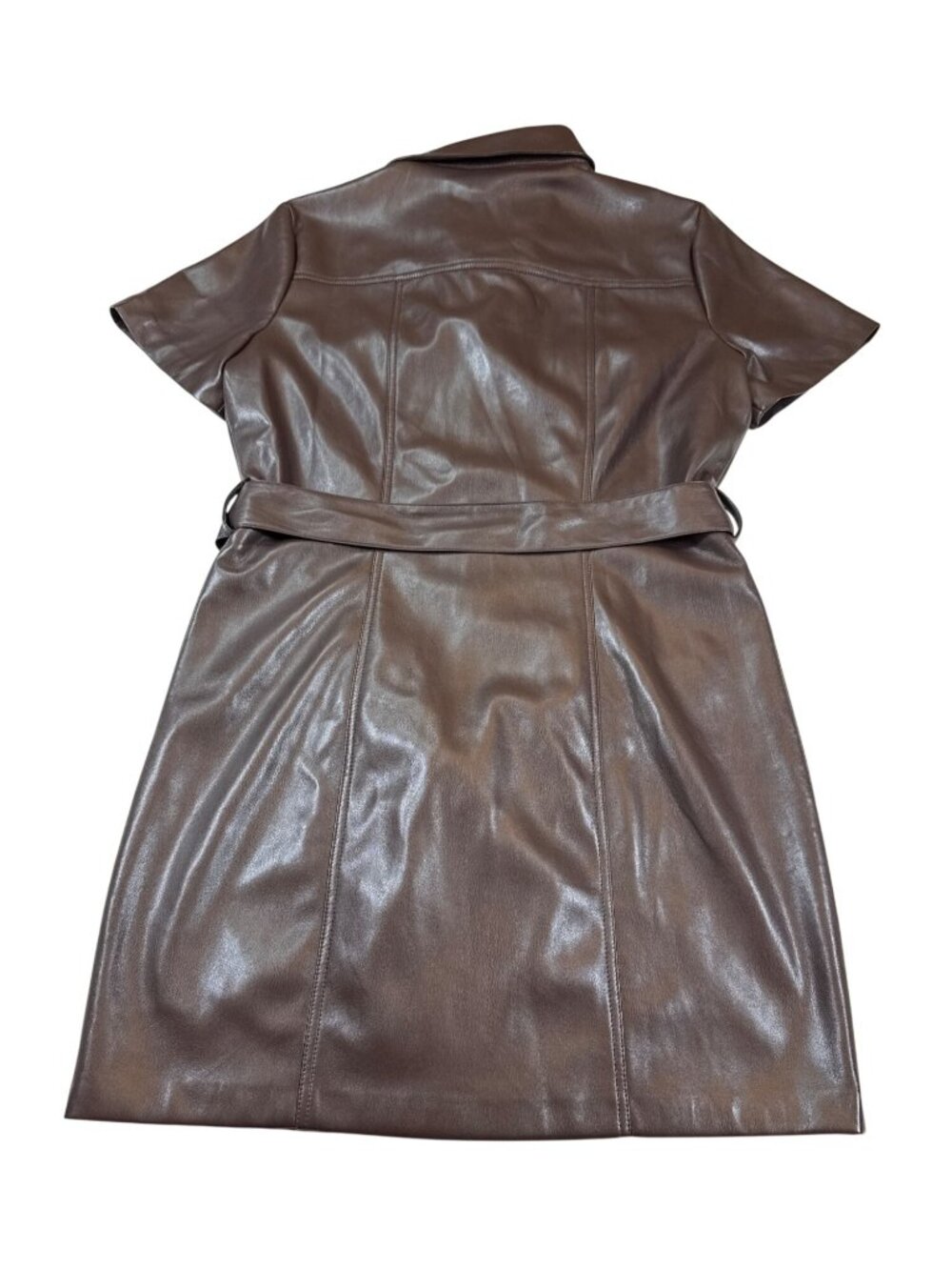 Amanda Uprichard Brown Faux Leather Belted Shirt Dress M Short Sleeve (MM731) - Picture 4 of 10